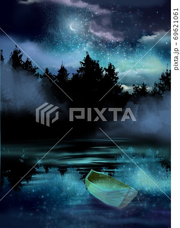 夜空に輝く星と月と海に漂うカヌーのイラスト素材