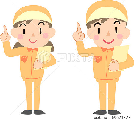 ファイルを手に持ち指を差す作業服の女性と男性 69621323