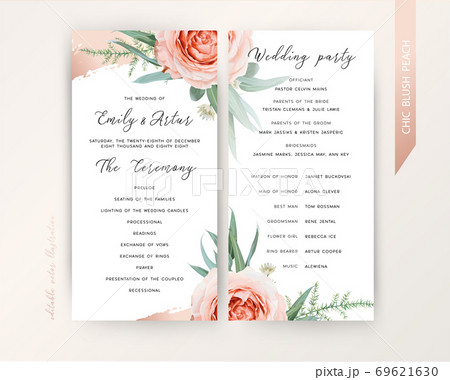 Wedding ceremony & program floral design. Blush peach rose flowers, greenery asparagus fern, eucalyptus leaves, cinnamon rose gold metallic brush stroke decoration. Elegant stylish vector template set 69621630