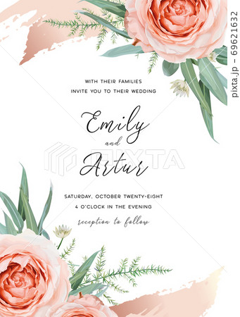 Wedding invite, invitation card floral design. Blush peach rose flowers, green asparagus fern eucalyptus leaves decorated with cinnamon rose gold metallic brush stroke. Stylish vector art illustration 69621632