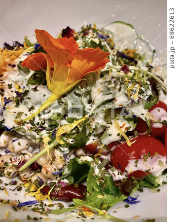Fresh summer salad with edible flowers nasturtium, borage flowers in a bowl. Top view 69622613