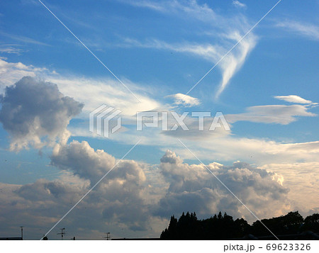 自然 風景、雲、写真 青い空に巻雲と層雲 レンズグモ発生 低い雲と高い ...