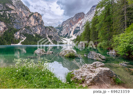 View of the calm waters of the most beautiful lake Bryce, with the reflected alps in it 69623359