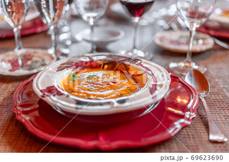 Classic Portuguese Pumpkin Soup. Portuguese recipes (Selective focus) 69623690