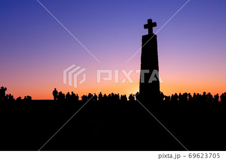 View of Cape Roca (Cabo da Roca) most western point of Europe at sunset (Silhouette photo) 69623705