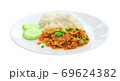 Fried pork with garlic rice dish on white background. 69624382