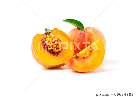 Fresh sweet sliced peach with green leaf isolated on white background. Fresh sweet sliced peach with green leaf isolated on white background. 69624388
