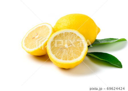 Fresh lemon with leaf isolated on white background, 69624424