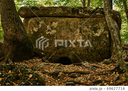 ancient megalith dolmen among trees in an autumn grove ancient megalith dolmen among trees in an autumn grove 69627718