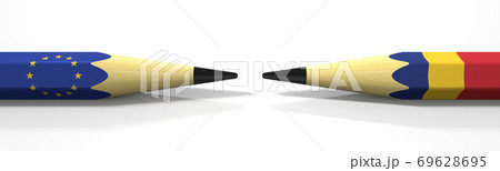 Pencils with flags of the EU and Romania. Political conflict concept. 3d rendering 69628695