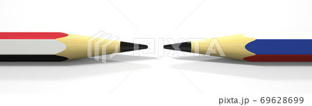 Two pencils with flags of Yemen and Russia, political conflict related 3d rendering 69628699