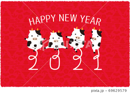 2021年賀状　丑4ポーズ　背景赤横　HAPPY NEW YEAR 69629579