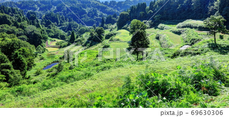 休耕田の増えた蒲生の棚田の写真素材