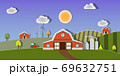 landscape village farm green hills fields.paper art style. 69632751