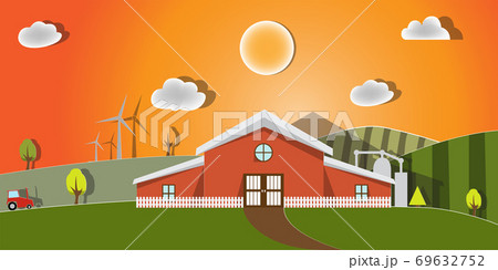 landscape village farm green hills fields.paper art style. 69632752