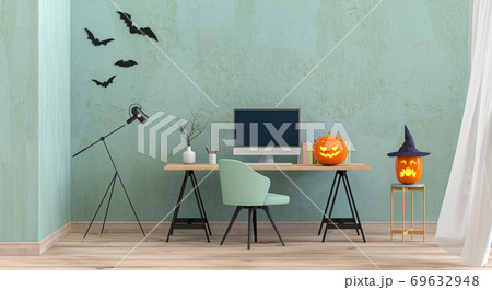 Halloween party interior living room with desktop computer and pumpkins. 3D render Halloween party interior living room with desktop computer and pumpkins. 3D render 69632948