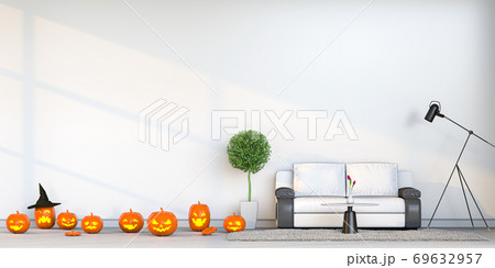 3D render Halloween party in living room with pumpkins, jack-o-lantern 3D render Halloween party in living room with pumpkins, jack-o-lantern 69632957