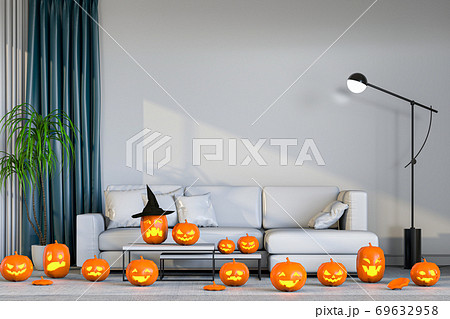 3D render Halloween party in living room with pumpkins, jack-o-lantern 3D render Halloween party in living room with pumpkins, jack-o-lantern 69632958