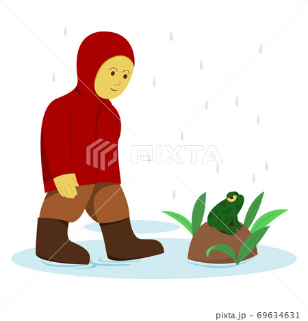 Little Boy in Red Raincoat and Frog in the Rain. 69634631