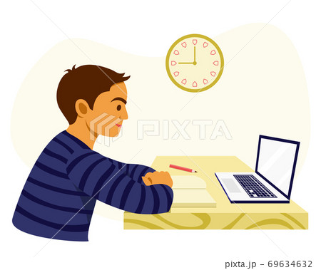 Boy is Learning at Home with the Online Learning Course by Himself. Boy is Learning at Home with the Online Learning Course by Himself. 69634632