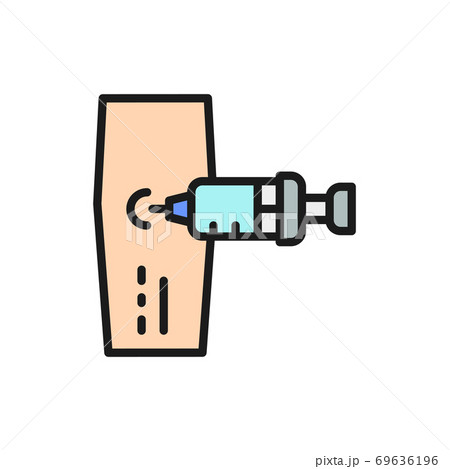 Vaccine injection, syringe in hand flat color line icon. Vaccine injection, syringe in hand flat color line icon. 69636196