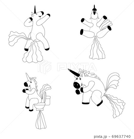 Set Unicorns smiling pooping a rainbow, fantasy cute character beast multicolored shit turd, lineart. Vector illustration isolated doodle style 69637740