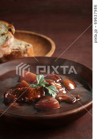 赤茶色の背景のビーフシチュー 69637986