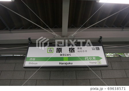 原宿駅の駅名表示版 山の手線外回り の写真素材