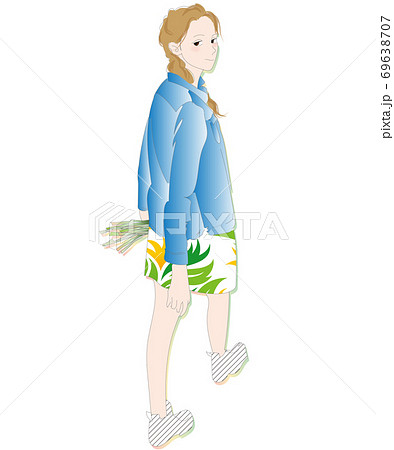 振り返る女性 歩く散歩姿のイラストのイラスト素材
