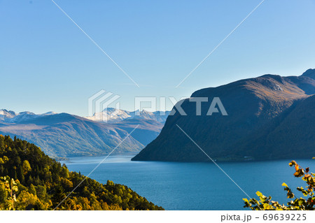 view of the lake and mountains at sunset 69639225