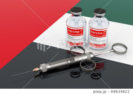 Vaccination in the UAE concept. Vaccine bottles with syringe on the United Arab Emirates flag, 3D rendering Vaccination in the UAE concept. Vaccine bottles with syringe on the United Arab Emirates flag, 3D rendering 69639822