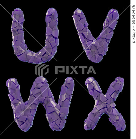 Plastic letters set U, V, W, X made of 3d render plastic shards purple color. 69640476