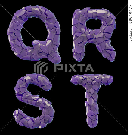Plastic letters set Q, R, S, T made of 3d render plastic shards purple color. Plastic letters set Q, R, S, T made of 3d render plastic shards purple color. 69640477