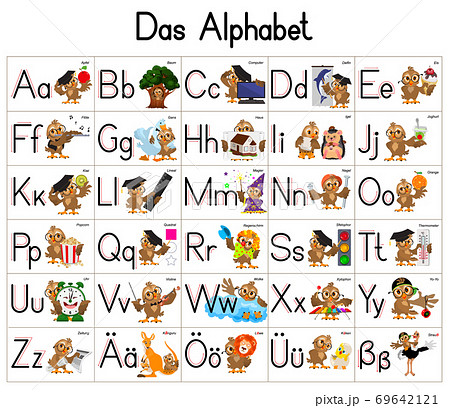 German deutsch ABC alphabet set cartoon letters with owl character German deutsch ABC alphabet set cartoon letters with owl character 69642121