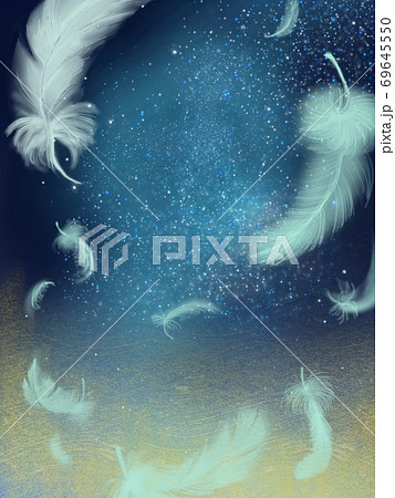 星空と幻想的な宇宙の中舞う羽のファンタジー背景のイラスト素材