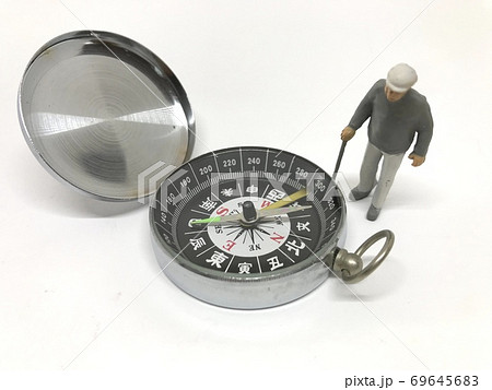 コンパスと老人の模型、老後・選択、決断のイメージ(白背景) コンパスと老人の模型、老後・選択、決断のイメージ(白背景) 69645683