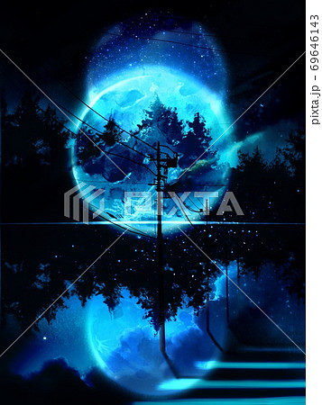 夜空に輝く星空と満月と電柱のシルエットのイラスト素材 69646143 Pixta