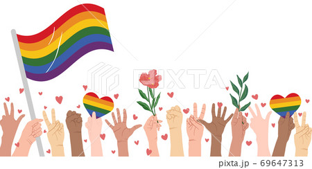 Crowd of people with rainbow flags and symbols on pride parade.Hands of multiethnic people making unity, togetherness, support and solidarity gesture. Flat vector cartoons design. 69647313