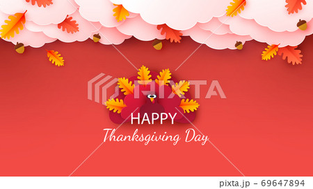 Happy Thanksgiving greeting card, poster, banner, flyer. Autumn background with leaves, acorns, pumpkin and cute cartoon turkey. Vector illustration. Happy Thanksgiving greeting card, poster, banner, flyer. Autumn background with leaves, acorns, pumpkin and cute cartoon turkey. Vector illustration. 69647894