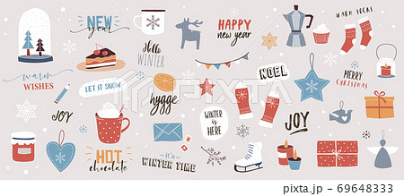 Collection of Christmas decorations, holiday gifts, winter knitted woolen clothes, ginger bread 69648333
