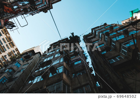 residential building complex, looking up on public house facade - residential building complex, looking up on public house facade - 69648502