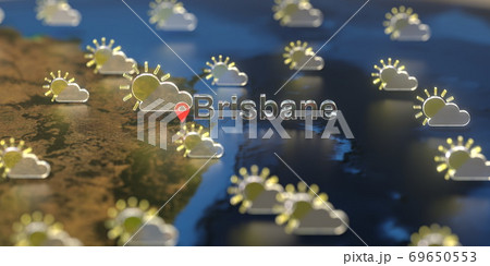 Brisbane city and partly cloudy weather icon on the map, weather forecast related 3D rendering 69650553