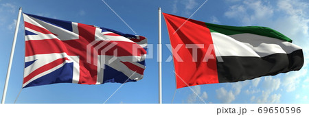 Flags of Great Britain and the UAE on flagpoles. 3d rendering 69650596