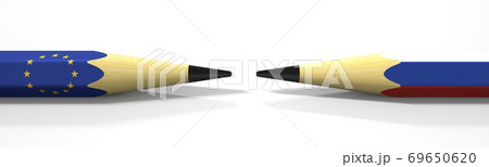 Two pencils with flags of the EU and Russia, political conflict related 3d rendering 69650620