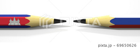 Opposing pencils with flags of Cambodia and Russia. Conflict concept, 3d rendering Opposing pencils with flags of Cambodia and Russia. Conflict concept, 3d rendering 69650626
