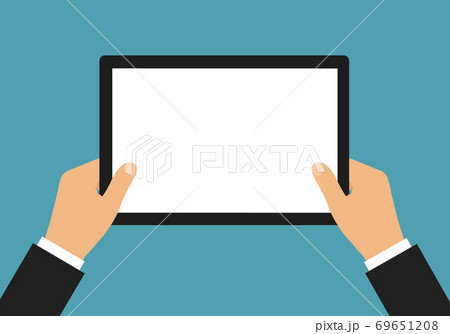 Flat design illustration of manager hands in suit holding tablet with blank white touch screen and space for text, vector 69651208