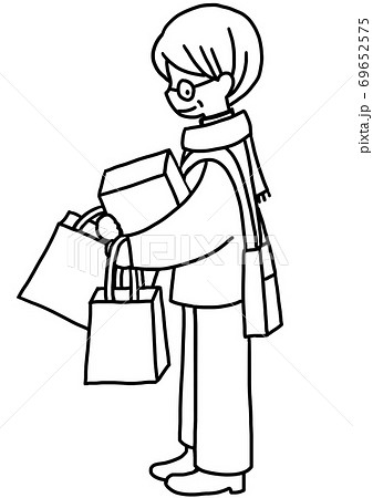 ショッピング セールでたくさんの買い物をして満足な表情をした中年男性の手描き線画イラストのイラスト素材