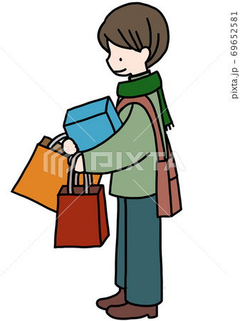 ショッピング セールでたくさんの買い物をして満足な表情をした男性の手描きイラストのイラスト素材