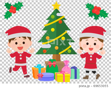 クリスマスパーティをする子供 サンタ服 イラストのイラスト素材