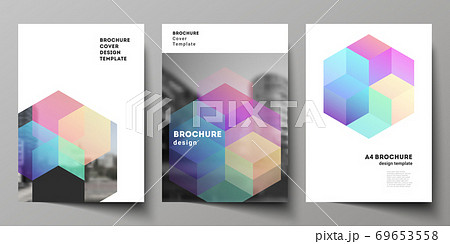 Vector layout of A4 format cover mockups design templates with abstract shapes and colors for brochure, flyer layout, booklet, cover design, book design, brochure cover. Vector layout of A4 format cover mockups design templates with abstract shapes and colors for brochure, flyer layout, booklet, cover design, book design, brochure cover. 69653558